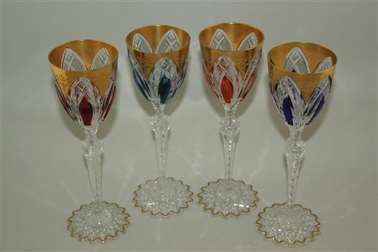 A set of four St Louis colour flash and cut hock glasses, 20th century, 22.5cm